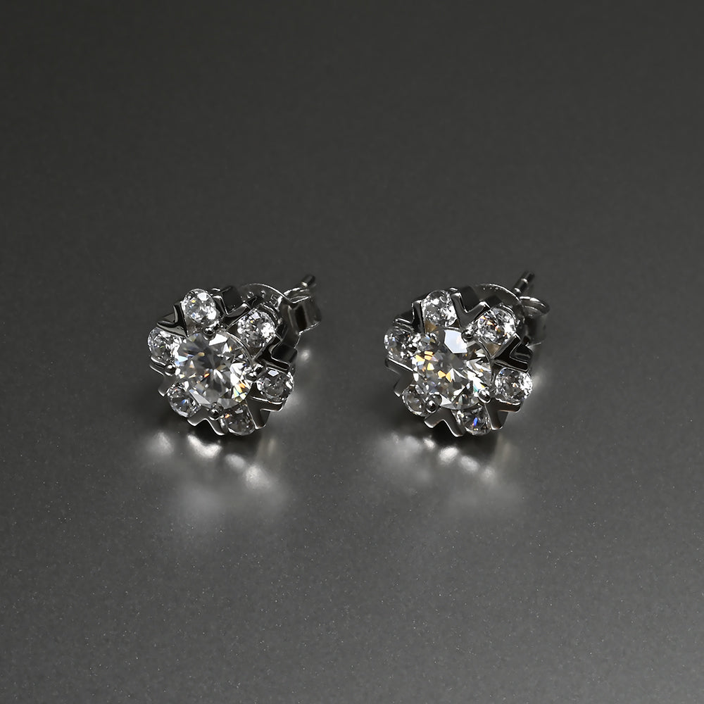 Ti&Dia Floral Halo Custom Cluster Stud Earring in White Gold Plated Silver